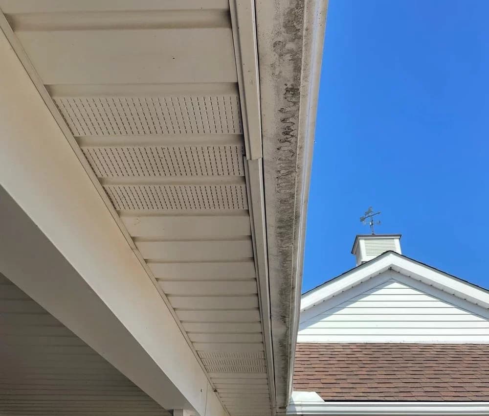 Before — Eavestrough soft washing before and after in Grimsby