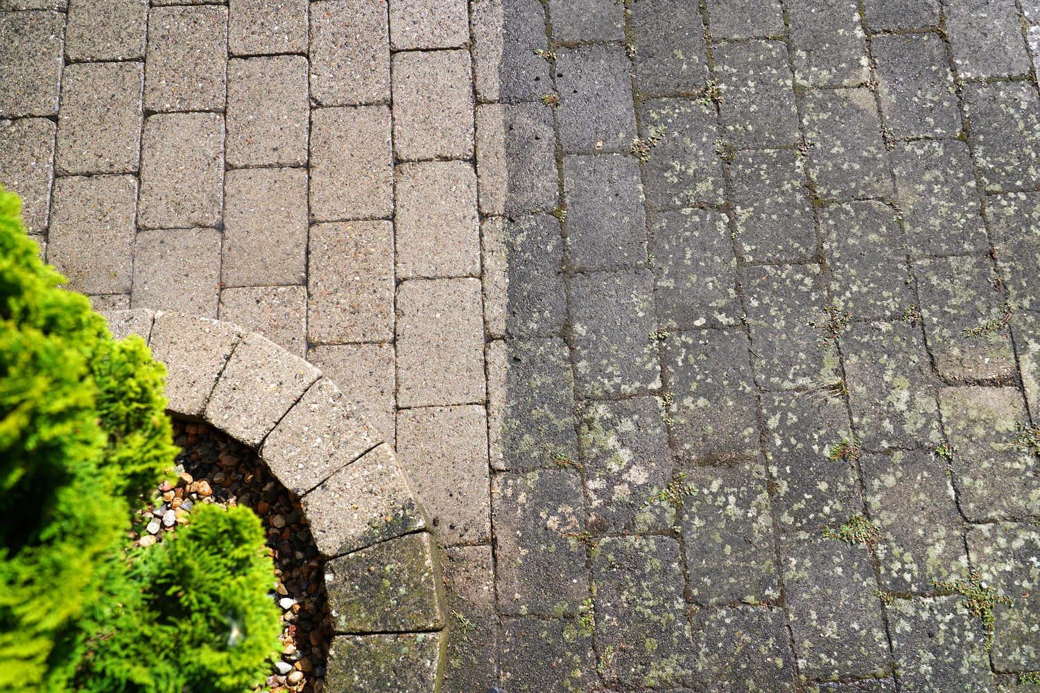 Interlocked brick work before and after being pressure washed